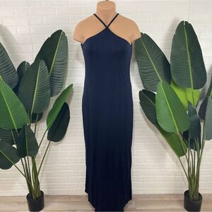 ecru navy blue halter side slits maxi dress
